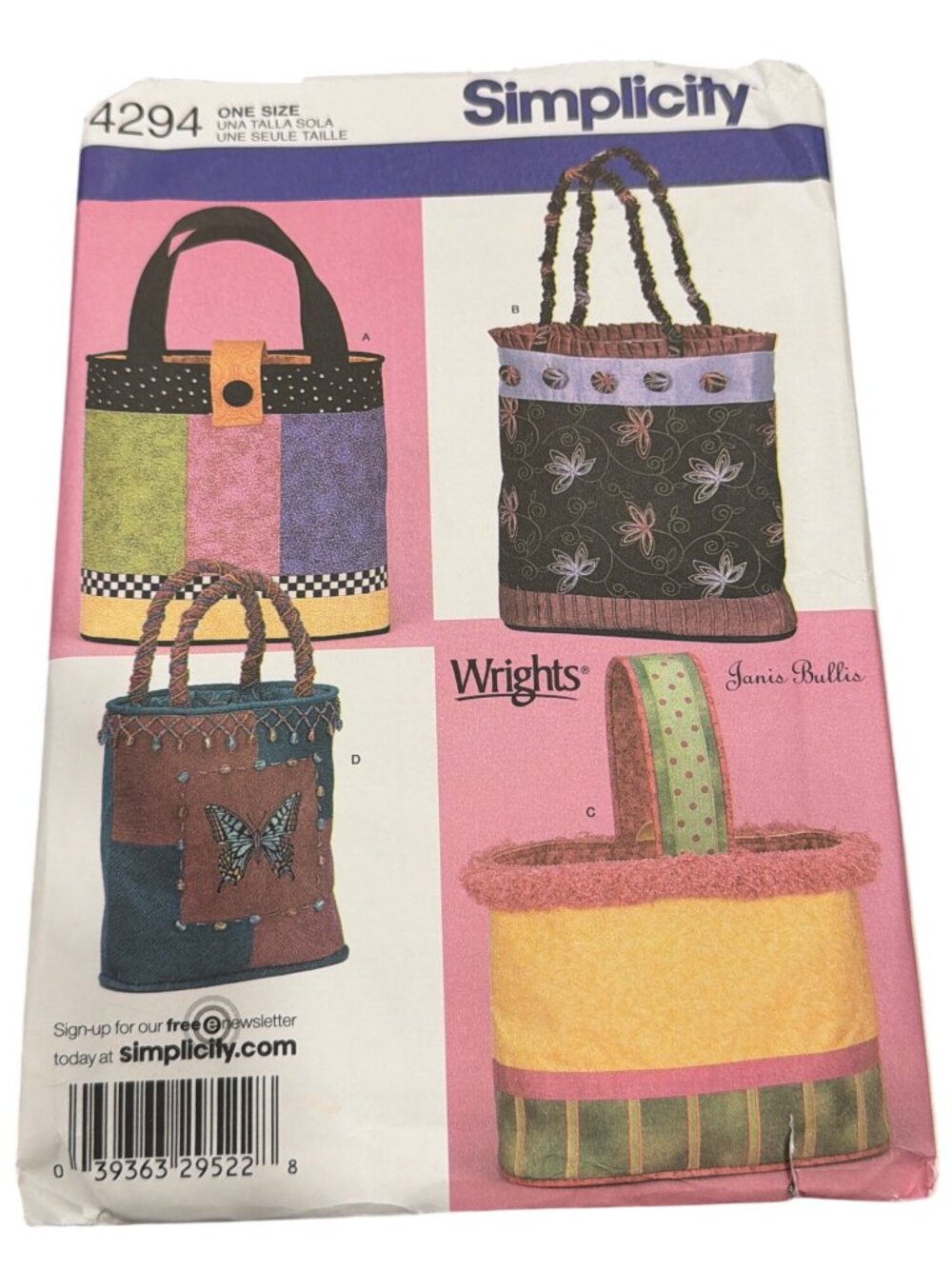Simplicity 4294 Janis Bullis Sewing Pattern For Bags In Four Styles One Size